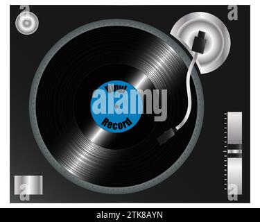 Realistischer Retro DJ Plattenspieler mit 12" Vinyl-Platte, Top View isoliert auf weiß, Konzept für Musikunterhaltung Stock Vektor