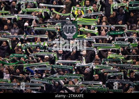 Wolfsburg, Deutschland. Dezember 2023. Fußball: Bundesliga, VfL Wolfsburg - Bayern München, Spieltag 16, Volkswagen Arena. Fans des VfL Wolfsburg stehen mit ihren Tüchern auf den Ständen. Hinweis: Swen Pförtner/dpa – WICHTIGER HINWEIS: gemäß den Vorschriften der DFL Deutscher Fußball-Liga und des DFB Deutscher Fußball-Bundes ist es verboten, im Stadion und/oder des Spiels aufgenommene Fotografien in Form von sequenziellen Bildern und/oder videoähnlichen Fotoserien zu verwenden oder zu nutzen./dpa/Alamy Live News Stockfoto