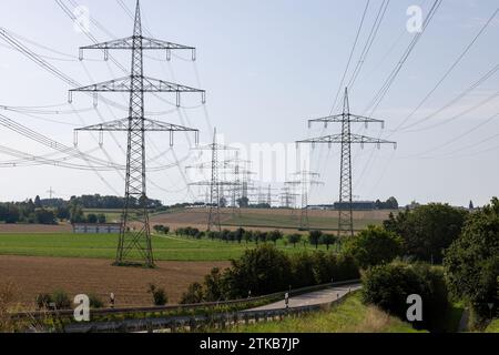 Hochspannungsfreileitungen in der Nähe des Kernkraftwerks in Neckarwestheim Stockfoto