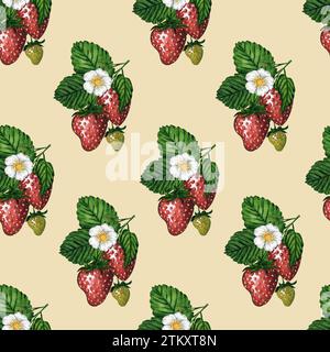 Nahtloses Muster mit frischen und saftigen Erdbeeren beigen Hintergrund, handgezeichnete Aquarellillustration. Ideal für Hintergrund, Stoff und Textil Stockfoto