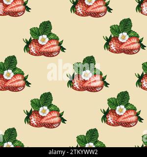 Nahtloses Muster mit frischen und saftigen Erdbeeren beigen Hintergrund, handgezeichnete Aquarellillustration. Ideal für Hintergrund, Stoff und Textil Stockfoto