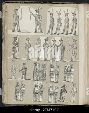 Album-Magazin mit verschiedenen Auftritten, Album-Magazin 1814 - 1869 mit 17 ausgeschnittenen Auftritten hauptsächlich aus Folk-Prints, darunter Soldaten und eine Frau, die Drinks gießt. Nijmegen Paper Snipping Album Magazin mit 17 ausgeschnittenen Auftritten hauptsächlich aus Folk Prints, darunter Soldaten und eine Frau, die Drinks gießt. Nijmegen-Papierscherkappe Stockfoto