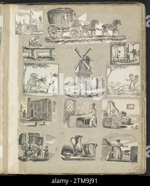 Album Magazin mit verschiedenen Aufführungen, Album Magazin 1814 - 1869 mit 13 ausgeschnittenen Aufführungen hauptsächlich Folk Prints, darunter ein Schiff, eine Kutsche und von verschiedenen Berufen und Handwerkern. Nijmegen Paper Snipping Album Magazin mit 13 Ausschnitten von hauptsächlich Folk Prints, darunter ein Schiff, eine Kutsche und von verschiedenen Berufen und Handwerkern. Nijmegen-Papierscherkappe Stockfoto