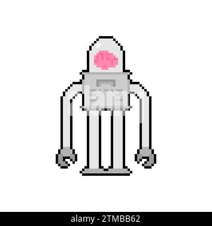 Roboter mit künstlicher Intelligenz Pixel Art. 8 Bit Retro Cyborg und menschliche Gehirne. Pixeliges KI-Konzept im Retro-Stil Stock Vektor