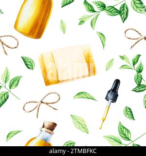 Nahtloses Aquarellmuster mit Glasflasche, Seife, Pipette mit Öl, Garnschleife und frischen Pfefferminzblättern isoliert auf Hintergrund. Schönheit im Detail Stockfoto