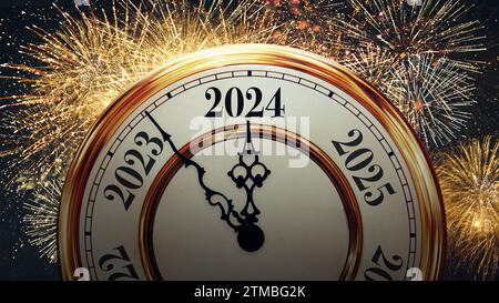 Die Wunderschöne Vintage-Uhr Zeigt Das Neue Jahr 2024 Mit Golden Fireworks, Konzept. Frohes Neues Jahr 2024, Kreative Idee. Geburtstagskarte. Weihnachten Ev Stockfoto