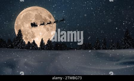 Der Weihnachtsmann in Einem Schlitten mit Rentieren fliegt über die Erde im nächtlichen Sternenhimmel mit einem erstaunlichen großen Mond mit Schnee. Magie Und Happy New Year 2024, Stockfoto