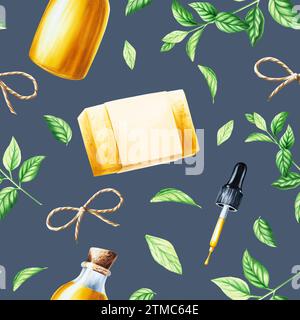 Nahtloses Aquarellmuster mit Glasflasche, Seife, Pipette mit Öl, Garnschleife und frischen Pfefferminzblättern isoliert auf Hintergrund. Schönheit im Detail Stockfoto