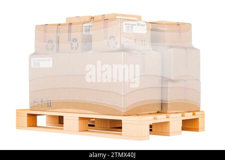 Holzpalette mit in Stretchfolie gewickelten Paketen, 3D-Rendering isoliert auf weißem Hintergrund Stockfoto