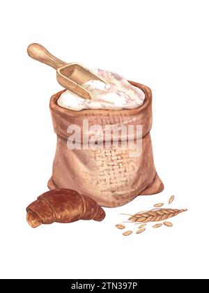 Sackleinen-Beutel mit Mehl und Holzlöffel. Sack mit Weizenmehl, Spikelets und Croissant. Aquarell handgezeichnete Illustration, isoliert auf weiß Stockfoto