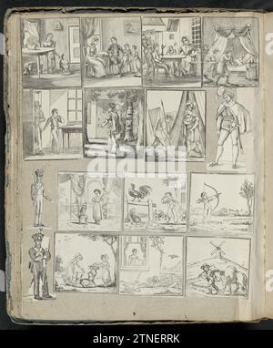 Album Magazin mit verschiedenen Auftritten, Album Magazin 1814 - 1869 mit 16 ausgeschnittenen Aufführungen hauptsächlich aus Folk Prints, darunter von Soldaten, Kindern und Familien spielenden. Nijmegen Paper Snipping Album Magazin mit 16 ausgeschnittenen Aufführungen hauptsächlich aus Folk Prints, darunter von Soldaten, Kindern und Familien spielend. Nijmegen-Papierscherkappe Stockfoto