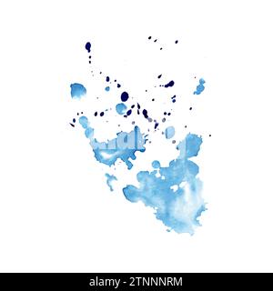Stilvolle Spritzer, blaue Farbflecken und abstrakter Hintergrund. Aquarellabbildung isoliert auf weißem Hintergrund. World Art Day Kollektion Stockfoto