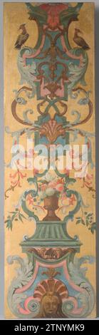 Teil eines Klappschirms, anonym, um 1700 - um 1750 Teil eines Autoschirms mit sechs Strichen, gestreckt mit bemaltem Leinen, auf dem Piedestale, Vasen mit Blumen, Medaillons und Vögel in verschiedenen Farben angebracht sind. Nördliche Niederlande Holz (Pflanzenmaterial). Leinen (Material) Teil eines Autoschirms mit sechs Strichen, gestreckt mit bemaltem Leinen, auf dem Piedestale, Vasen mit Blumen, Medaillons und Vögel in verschiedenen Farben angebracht sind. Nördliche Niederlande Holz (Pflanzenmaterial). Leinen (Material) Stockfoto