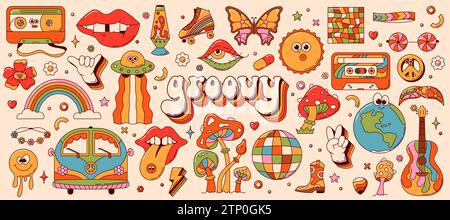 Grooviges Hippie-Set. Retro-farbene Disco-Cassette Eye Smile Maskottchen-Elemente. Stock Vektor