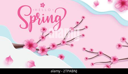 Hallo Frühlingsgruß Vektordesign. Frühlings-Hallo-Text mit Kirschblüten im rosafarbenen Raum für typografische Grußkartenschablone. Vektor Stock Vektor