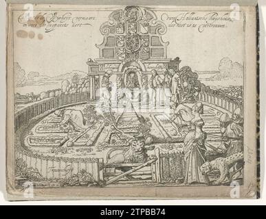 Titelblatt der Broschüre Merckt de Wysheit Vermaert Vant Hollantsche Huyshouwen and Siet des Luypaerts Aert Who not be Trusted, 1615, 1615 Titelseite der Broschüre mit dem VERS Titel: Merckt de Wysheit Vermaert Vant Hollantsche Huyshouwen and Siet des Luypaerts Aert that not be Trusted, 1615. Allegorie für die Unzuverlässigkeit Spaniens und die Freiheit und das Wohlergehen der sieben Provinzen präsentiert mit dem niederländischen Garten. Die niederländische Jungfrau, die auf einem Thron im niederländischen Garten sitzt, verteidigte sich am Zaun durch den niederländischen Löwen, mit Prinz Maurits auf der linken Seite. Hinter ihr eine Fassade mit dem Stockfoto