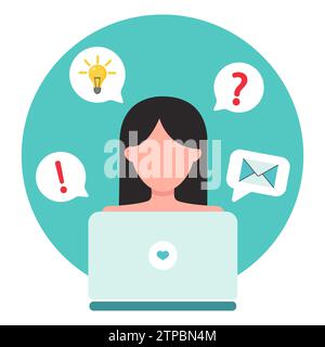 Frau mit Computer. Ein Callcenter-Mitarbeiter sitzt an einem Tisch. Technischer Support. Büromitarbeiter. Vektorabbildung in abgewickelter Form Stock Vektor