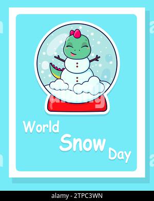 Niedlicher Cartoon-Dinosaurier-Schneemann. Schneekugel. Weihnachtskarte. Vektorillustration für Kinder. Stock Vektor