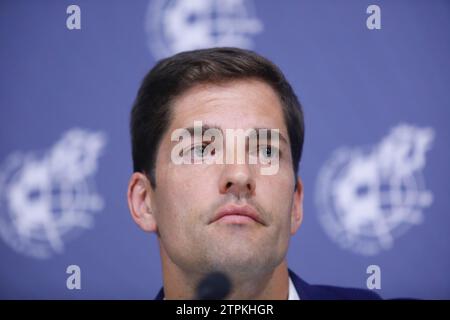 Madrid, 19.06.2019. Las Rozas Soccer City. Pressekonferenz, auf der der Präsident des RFEF, Luis Rubiales, zusammen mit José Francisco Molina, ankündigen, dass Luis Enrique das Training der Nationalmannschaft verlässt und durch Robert Moreno ersetzt wird, der an der Pressekonferenz teilnimmt. Foto: Guillermo Navarro. ARCHDC. Quelle: Album / Archivo ABC / Guillermo Navarro Stockfoto