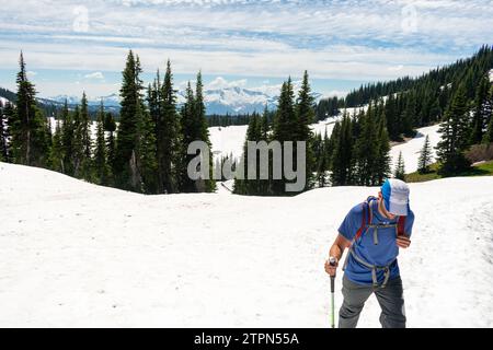 Ein Wanderer hält an, um die weitläufige Aussicht vom schneebedeckten Panorama Ridge Trail zu bewundern Stockfoto