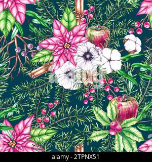 Weihnachtsmuster mit Weihnachtssträußen, Kiefernnadeln, Weihnachtsstern, Baumwolle auf blauem Hintergrund. Handgezeichnetes nahtloses Aquarellmuster. Weihnachten DE Stockfoto