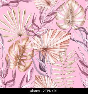 Blumenmuster in tropischen Wasserfarben in Pastelltönen. Palmblätter, Monstera-Muster auf rosafarbenem Hintergrund für Textildesign, Stoffe, Tapeten Stockfoto