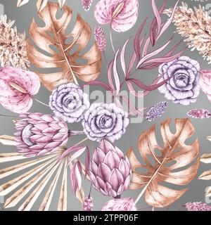 Blumenmuster in tropischen Wasserfarben in Pastelltönen. Rose, Eukalyptus, Monstera-Muster auf grauem Hintergrund für Textildesign, Stoffe, Tapeten Stockfoto