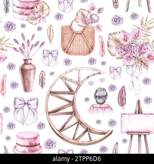 Hochzeitsmuster mit Accessoires, Braut, Sträuße, Blumen auf weißem Hintergrund. Aquarell-Hochzeitsmuster im Boho-Stil für Textildesign, Druck Stockfoto