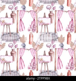 Hochzeitsmuster mit Accessoires, Hochzeitsbogen, Blumen auf weißem Hintergrund. Aquarellhochzeitmuster im Boho-Stil für Textildesign, Druck, Stockfoto