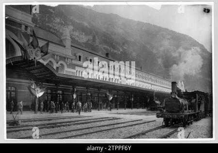 Canfranc (Huesca), 18.07.1928. Einweihung des Bahnhofs Canfranc International (Huesca) und der Eisenbahnstrecke zwischen Frankreich und Spanien. Quelle: Album/Archivo ABC Stockfoto