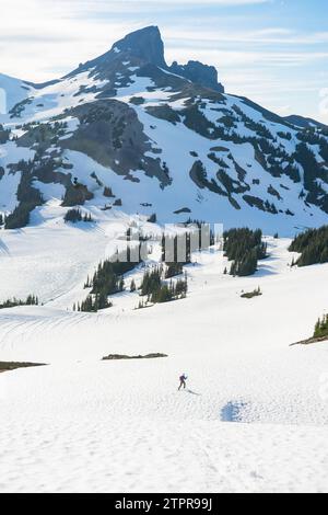 Einsamer Wanderer auf dem Panorama Ridge mit dem markanten Black Tusk in der Ferne. Stockfoto