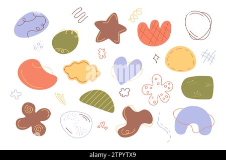 Abstrakte Formen. Handgezeichneter Vektor-Elementsatz. Trendige abstrakte, minimalistische Objekte in Boho-Farben und -Stil. Kollektion dekorativer Elemente Stock Vektor