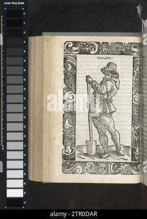 Italienischer Bauer aus der Toskana, Christoph Krieger, nach Cesare Vecellio, 1598 Ein toskanischer Bauer in Tageskleidung: Kurze Tunika über Wambuis. Hut mit schwacher Kante am Kopf. Spa in der Hand. Papier Ein toskanischer Bauer in Tageskleidung: Kurze Tunika über Wambuis. Hut mit schwacher Kante am Kopf. Spa in der Hand. Papier Stockfoto