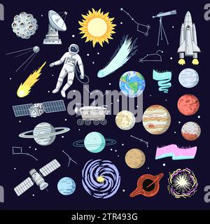 Große Auswahl an Weltraumelementen, Planeten, Rakete, Satelliten und Teleskop. Handgezeichnete Clip-Art-Elemente. Vektorgrafik. Stock Vektor