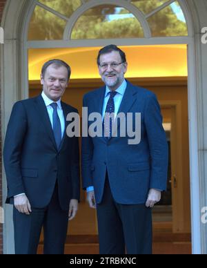 Madrid, 03/31/2015. Treffen von Mariano Rajoy mit Donald Tusk im Palast von Moncloa. Foto: San Bernardo Archdc. Quelle: Album / Archivo ABC / Eduardo San Bernardo Stockfoto