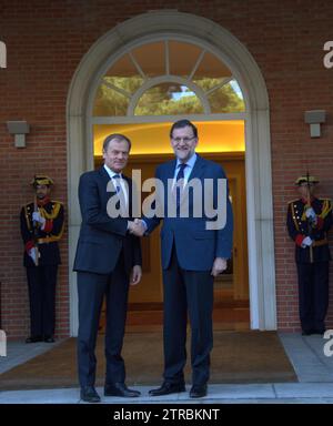 Madrid, 03/31/2015. Treffen von Mariano Rajoy mit Donald Tusk im Palast von Moncloa. Foto: San Bernardo Archdc. Quelle: Album / Archivo ABC / Eduardo San Bernardo Stockfoto