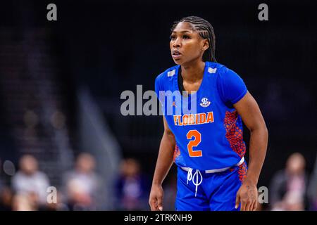 Charlotte, NC, USA. Dezember 2023. Florida Gators verteidigt Aliyah Matharu (2) während der ersten Halbzeit gegen die Michigan Wolverines im Jumpman Invitational 2023 im Spectrum Center in Charlotte, NC. (Scott Kinser/CSM). Quelle: csm/Alamy Live News Stockfoto