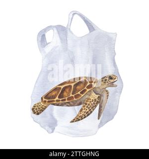Große Meeresschildkröte in einer Plastiktüte. Gefährdet, Problem. Tag der Erde, rette den Ozean. Handgezeichnete Aquarellillustration isoliert auf weißem Hintergrund. Für Stockfoto