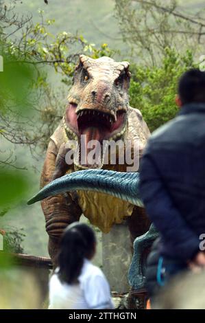 PAUTE-PARQUE JURASICO Cuenca,Ecuador 20 de diciembre de 2023 Paute, abrira sus puertas en el Barrio Pirincay en el canton Paute a turistas nacionales e internacionales. Este vierbes 22 de diciembre, 13 Dinosaurios robotizados actualmente estan colocados en un parque de 2 ha. Las figuras robots llegaron importadas desde China para recrear un parque jurasico en los alrededores del Barrio Pirincay, el mismo esta ubicado al Lado izquierdo de la Via Interoceanica que conduce a Paute. Las 13 Fuguras de Dinosaurios estan ubicadas en cinco terrazas, las cuales han sido construidas para resaltar Stockfoto