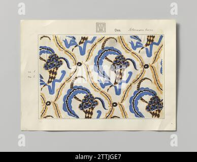 Stahl mit bedruckter Seide, Dessin Blumenhorn, Wiener Werkstätte, 1911 - 1912 Stahl mit bedruckter Seide. Dessin Blumenhorn, WW-Nr. 00008. Über natürliche Fond-Blumenmuster im Diamantmuster in zwei Braun-, Blau- und Schwarztönen. Der Stahl ist mit der Vignette der Wiener Werkstätte auf eine Pappe geklebt. Hinten zwei Farbvarianten in violett und grün sowie in orange und rosa. Seide. Blockdruck aus Pappe (Reliefdruckverfahren) Stahl mit bedruckter Seide. Dessin Blumenhorn, WW-Nr. 00008. Über natürliche Fond-Blumenmuster im Diamantmuster in zwei Braun-, Blau- und Schwarztönen. Die Stockfoto