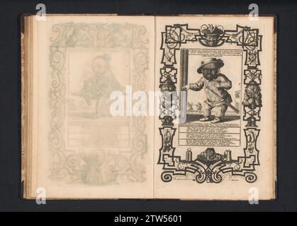 De kleine Mens großer Gärtner der Liebe Kruidhoven als Harlekijn, 1716, 1716 der kleine Mann großer Gärtner der Liebe Kruidhoven als Harlequin mit schwarzer Maske. In der Bildunterschrift sind Verse auf Deutsch, Französisch und Niederländisch. Drucken Sie in einem dekorativen Rahmen auf einem separaten Teller mit kleinen Leuten, unten ein Affe, der Haferbrei isst. Nummer rechts in der Mitte: 35. Teil der niederländischen Ausgabe aus dem Jahr 1716 einer Serie von Karikaturen kleiner Menschen, bekannt als Zwergton, kopiert an ein älteres deutsches Beispiel. Druckerei: Northern Netherlandspublisher: Amsterdam Papier ätzt den kleinen Mann Great G Stockfoto