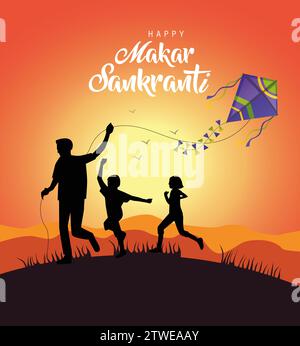 Happy Makar Sankranti Tapete mit farbenfroher Drachenschnur für das Festival von Indien. Abstraktes Vektor-Illustrationsdesign Stock Vektor