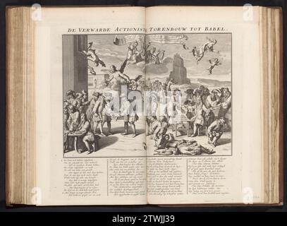 Confused actionists and the Tower of Babel, 1720, 1720 Cartoon on the Actionists and the Tower of Babel. John Law ist links von Aktien, während Windhändler sich gut an den englischen Backbacken abschneiden. Durch diese Kuchen kommen die Händler zum Durchfall, die wertlosen Aktien benutzen sie, um sich den Rücken abzuwischen. In der Show viele weitere Details mit Fortuna, der niederländischen Jungfrau, de Hoop etc In der Bildunterschrift ein Vers in 4 Spalten, in dem die Zahlen der Performance erläutert werden. Drucken Sie in der gebundenen ersten Ausgabe (304 B 11) der großen Szene der Torheit mit Cartoons über den Wind- oder Actionhandel Stockfoto