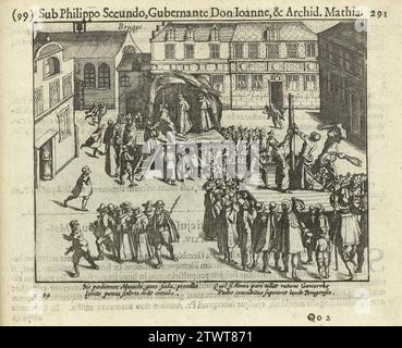 Brügge Mönche auf dem Scheiterhaufen, 1578, 1621 – 1622 Verkündung und Hinrichtung des Franziskaners Monniken in Brügge auf Anklage Sodomie, 26. Juli 1578. Auf der rechten Seite der Scheuer, auf der linken Seite die Mönche auf dem Scheiterhaufen. Mit 4 Zeilen in lateinischer Sprache. Nummeriert: 99. Auf der Rückseite mit lateinischem Text. Druckerei: Nord-Niederlande: Amsterdam Papierätzung verwendet Messeling und Hinrichtung des Franziskaners Monniken in Brügge auf Anklage Sodomie, 26. Juli 1578. Auf der rechten Seite der Scheuer, auf der linken Seite die Mönche auf dem Scheiterhaufen. Mit 4 Zeilen in lateinischer Sprache. Nummeriert: 99. Gedruckt auf dem Stockfoto