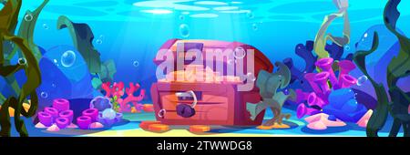 Alte Schatzkiste mit Geld auf dem Meeresboden. Vektor-Zeichentrickillustration der alten Holzkiste mit goldenen Münzen, Algen, Perlmuscheln, Korallenriff, Luftblasen unter Wasser, Abenteuerspiel Hintergrund Stock Vektor