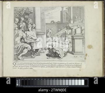 Odysseus im Palast von Circe, Theodoor van Thulden, nach Francesco Primaticcio, nach Nicolò dell'Abate, 1633 Odysseus in Circes Palast. Auf der rechten Seite bietet Mercury Odysseus ein Kraut an, das als Gegenmittel gegen das magische Getränk von Circe wirkt. Odysseus isst es und geht nach Circe. Dort haben sich die Männer von Odysseus zu Tieren und Schweinen gewandelt, weil sie das Zaubergetränk getrunken haben. Im Vordergrund gibt Circe Odysseus das Zaubergetränk. Der Drink hat keinen Einfluss auf ihn und er bittet sie, seinen Männern ihre menschliche Gestalt zu geben. Circe Willigt bittet Odysseus, zuerst mit ihr ins Bett zu gehen. Dies Stockfoto