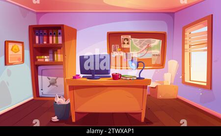 Detektivbüro-Innenraum. Vektor-Karikaturillustration des Polizeirevier-Raums mit Beweisbrett an der Wand, Computer auf Holzschreibtisch, Sessel, Ordner mit Falldokumenten auf Regal, Tageslicht im Fenster Stock Vektor