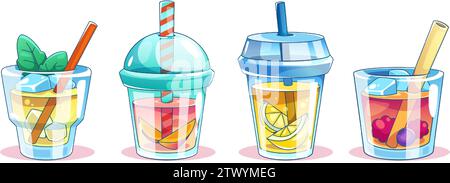 Obst-Cocktailgläser auf weißem Hintergrund. Vektor-Karikaturillustration von Limonade, Alkohol, süße Limonade Getränke mit Stücken Zitrone, Mango, Beeren und Minzblätter, Partymenü Getränke Stock Vektor