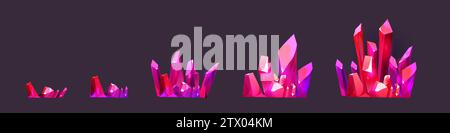 Cluster aus rosafarbenen Edelsteinkristallen für das Design der benutzeroberfläche auf Spielniveau. Cartoon-rpg-Anlagen wachsender Haufen von hellen Diamanten-Rohmaterialgesteinen. Vektor-Illustration von Bergbauschatz und Juwel. Stock Vektor