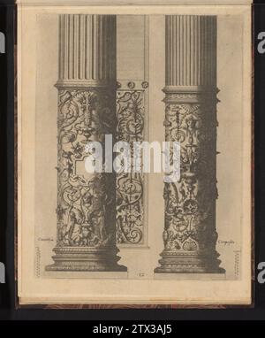 Twee 'Säulen wurden getragen' in der korintischen en composiete Orde, 1565 zwei 'Columnae Caelatae', verziert mit Grotesken. Auf der unteren Hälfte der korinthischen Säule befinden sich zwei Kinder am Löwenboden auf beiden Seiten einer Vase. Darüber eine Kartusche und ein Korb mit Früchten oben. In der rechten Spalte in der zusammengesetzten Reihenfolge erscheinen unten zwei Putten aus Blumenhäuten, darüber eine Vase mit Früchten und oben ein Mascaron. Auf dem Ausdruck wurde zweimal eine Skala angezeigt. Der Ausdruck ist Teil eines Albums. Antwerpener Papier mit zwei "Columnae Caelatae", verziert mit Grotesken. Ein Stockfoto